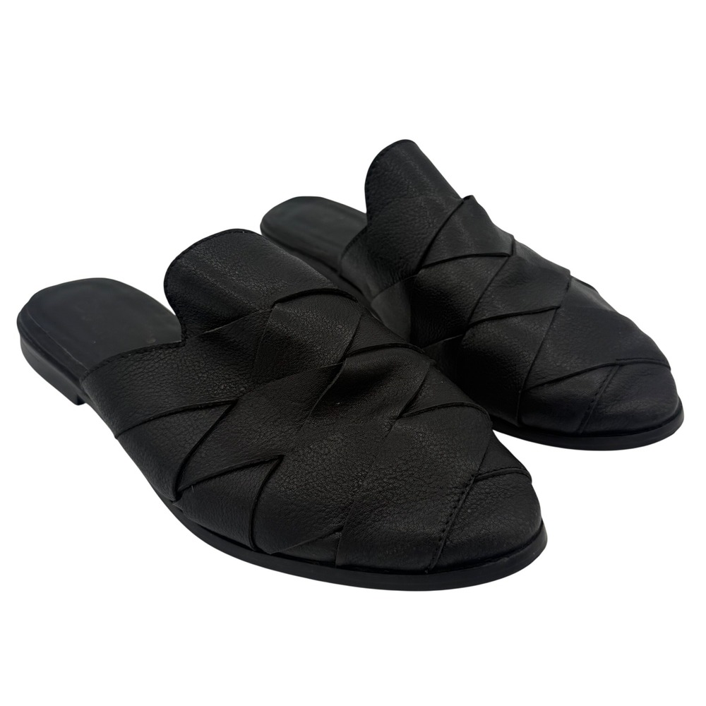 Seychelles Leather Woven Mules Womens 7 Black Pointed Toe Flat Slides Slip On